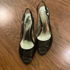 Jessica Simpson NWT Black Patent Open Toed High Heels, Size 8M,sold at Nordstrom